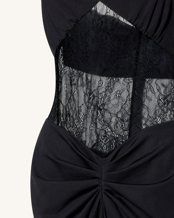 褶皺蕾絲拼接長洋裝 - 黑色