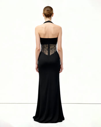 褶皺蕾絲拼接長洋裝 - 黑色