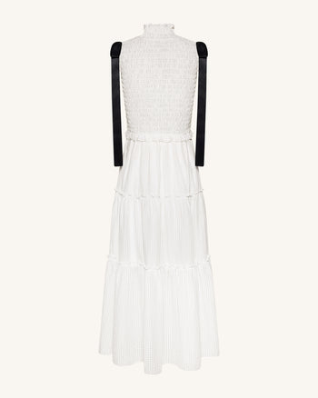 高領無袖抽褶三層長洋裝 - 白色