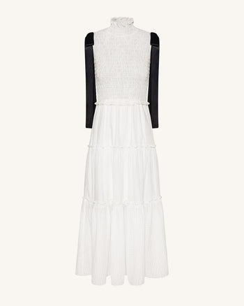 高領無袖抽褶三層長洋裝 - 白色