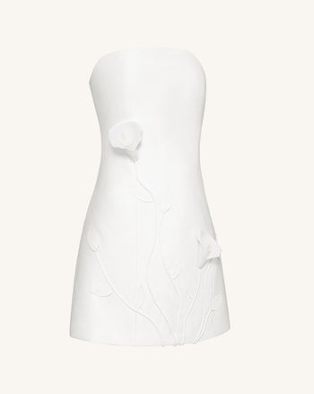 3D 藤蔓花卉平口短洋裝 – 白色