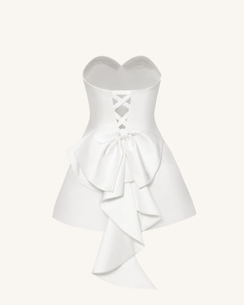 緞面無肩帶背部蝴蝶結迷你洋裝 - 白色