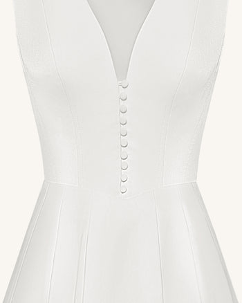 前V領褶皺中長洋裝 - 白色