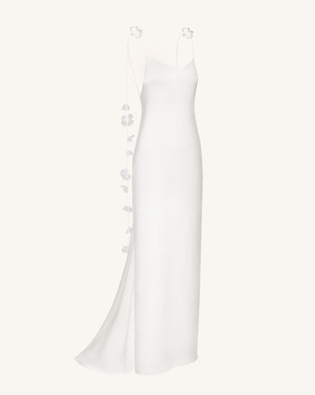Satin 細肩帶附花卉飄帶長洋裝 - 白色