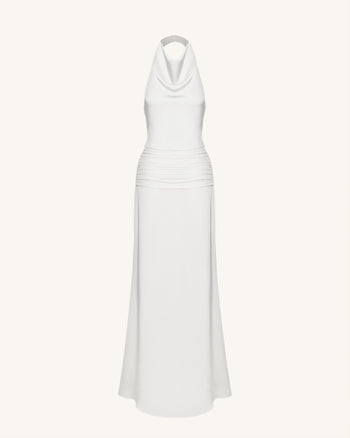 Satin 垂墜領褶皺長禮服 - 白色