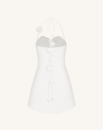 花卉褶皺繞頸迷你洋裝 - 白色