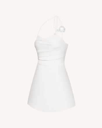 花卉褶皺繞頸迷你洋裝 - 白色