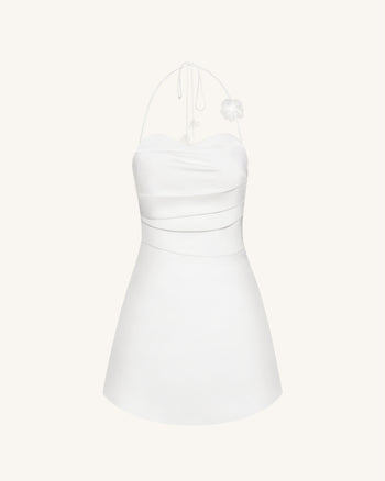 花卉褶皺繞頸迷你洋裝 - 白色