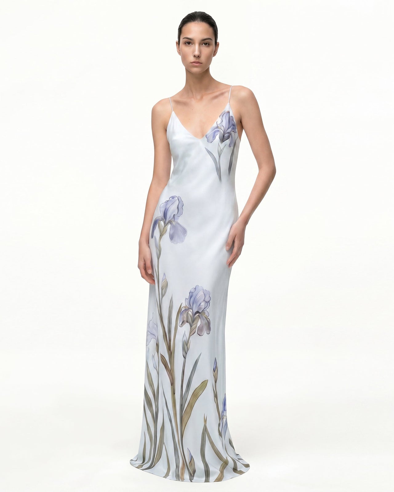 Iris 圖案緞面吊帶禮服 - 淺藍色