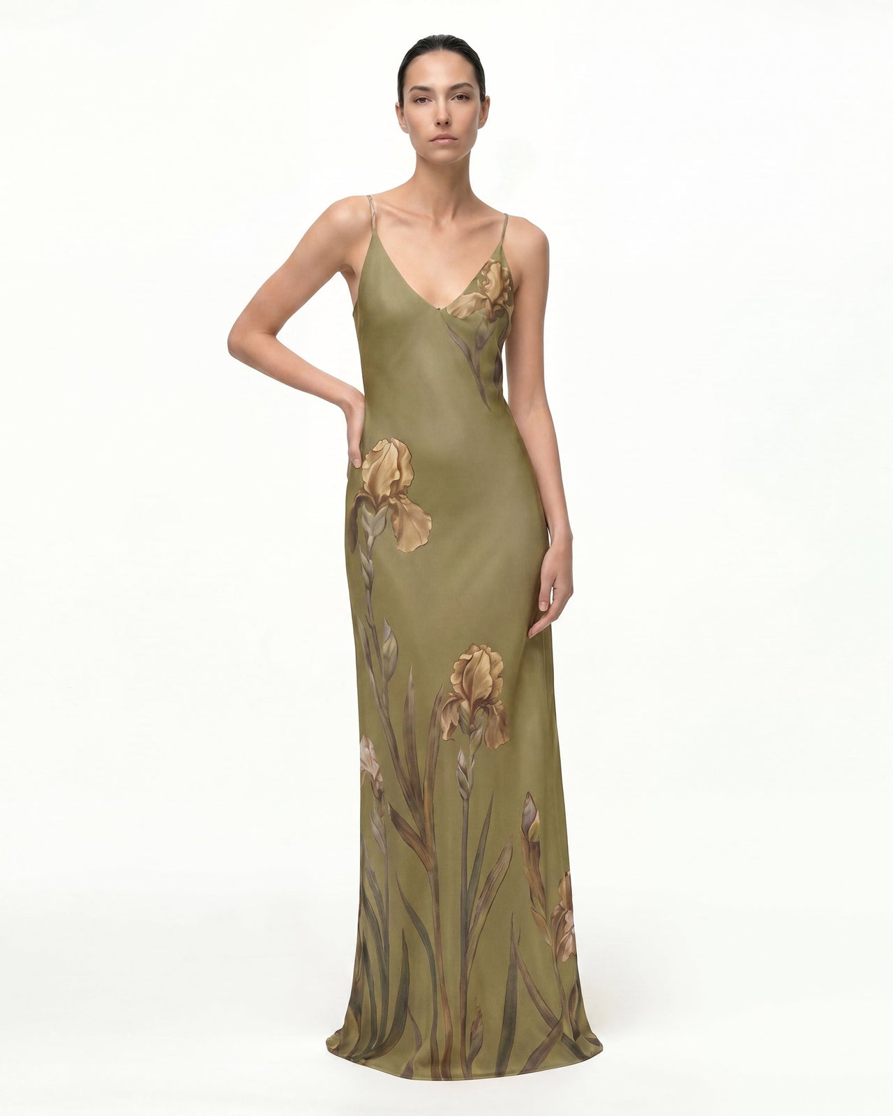 Iris 圖案緞面吊帶禮服 - 橄欖綠