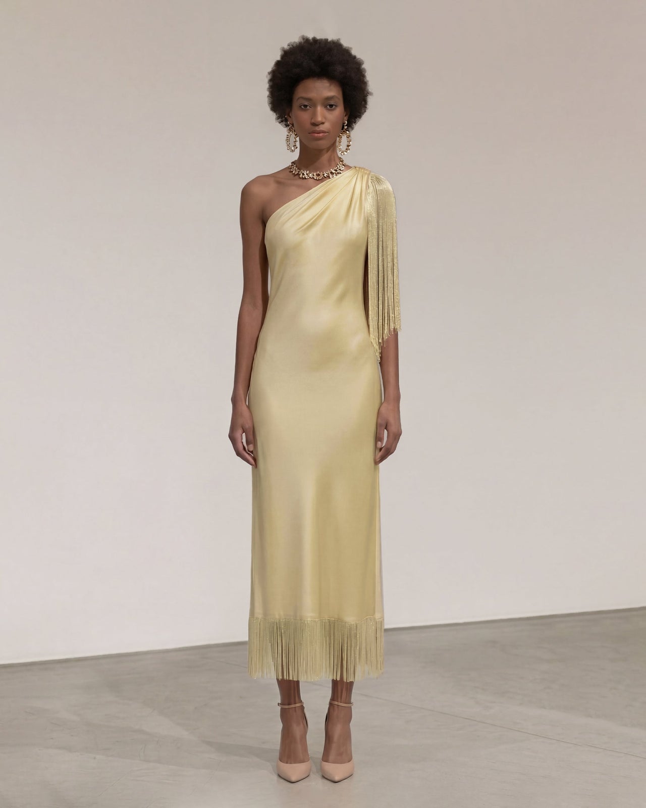 流蘇單肩中長洋裝 - 香檳色