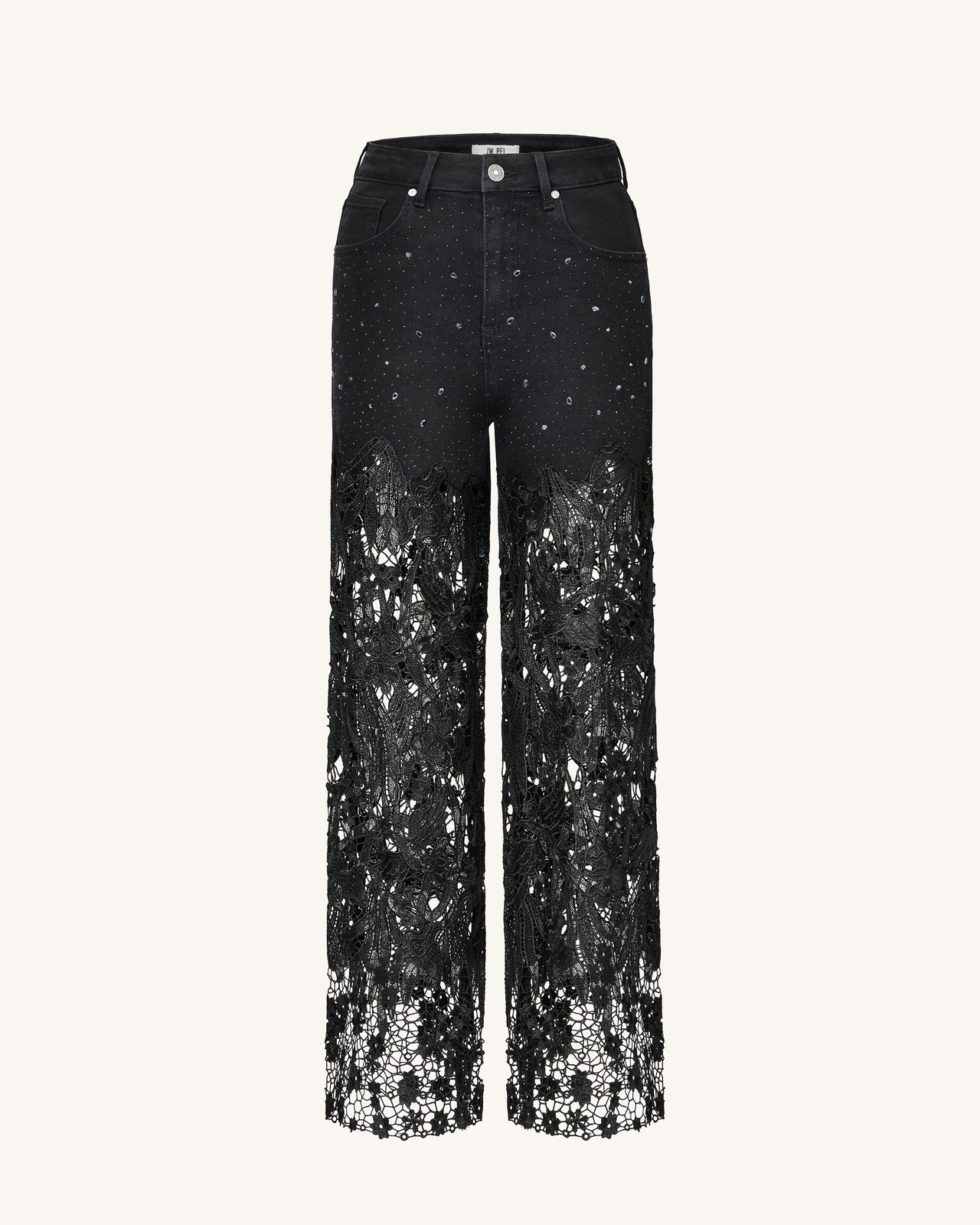 高腰寬褲管蕾絲刺繡水鑽牛仔褲 - 黑色