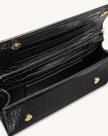 Maya 豹形五金提把手提包 - 黑色鱷魚紋
