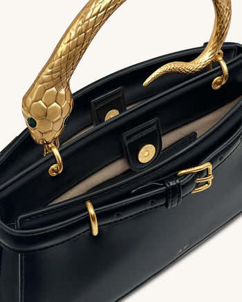 Elena 蛇紋手柄手提包 - 黑色